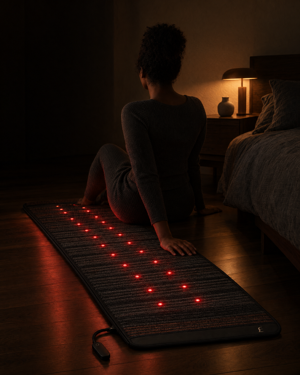 Deep Delta Field Mat on a bedroom floor with a person sitting on its edge at night