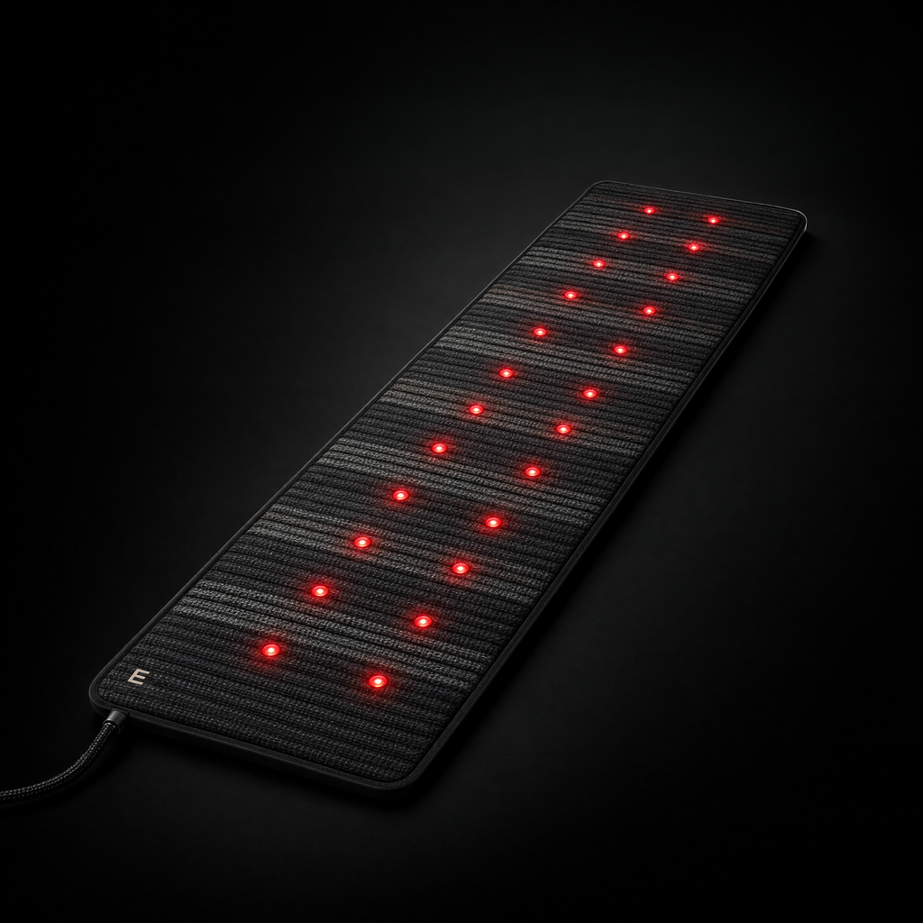 Elvaren Deep Delta Field Mat — full-length infrared and PEMF recovery mat, unrolled with the LED array lit