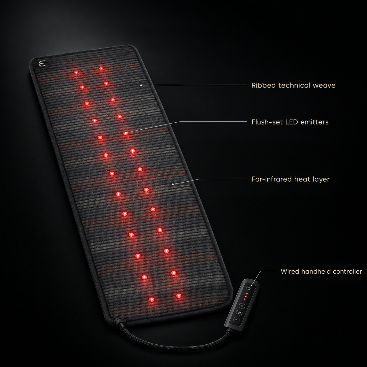 Deep Delta Field Mat feature view — ribbed technical weave, flush-set LED emitters, far-infrared heat layer, wired handheld controller