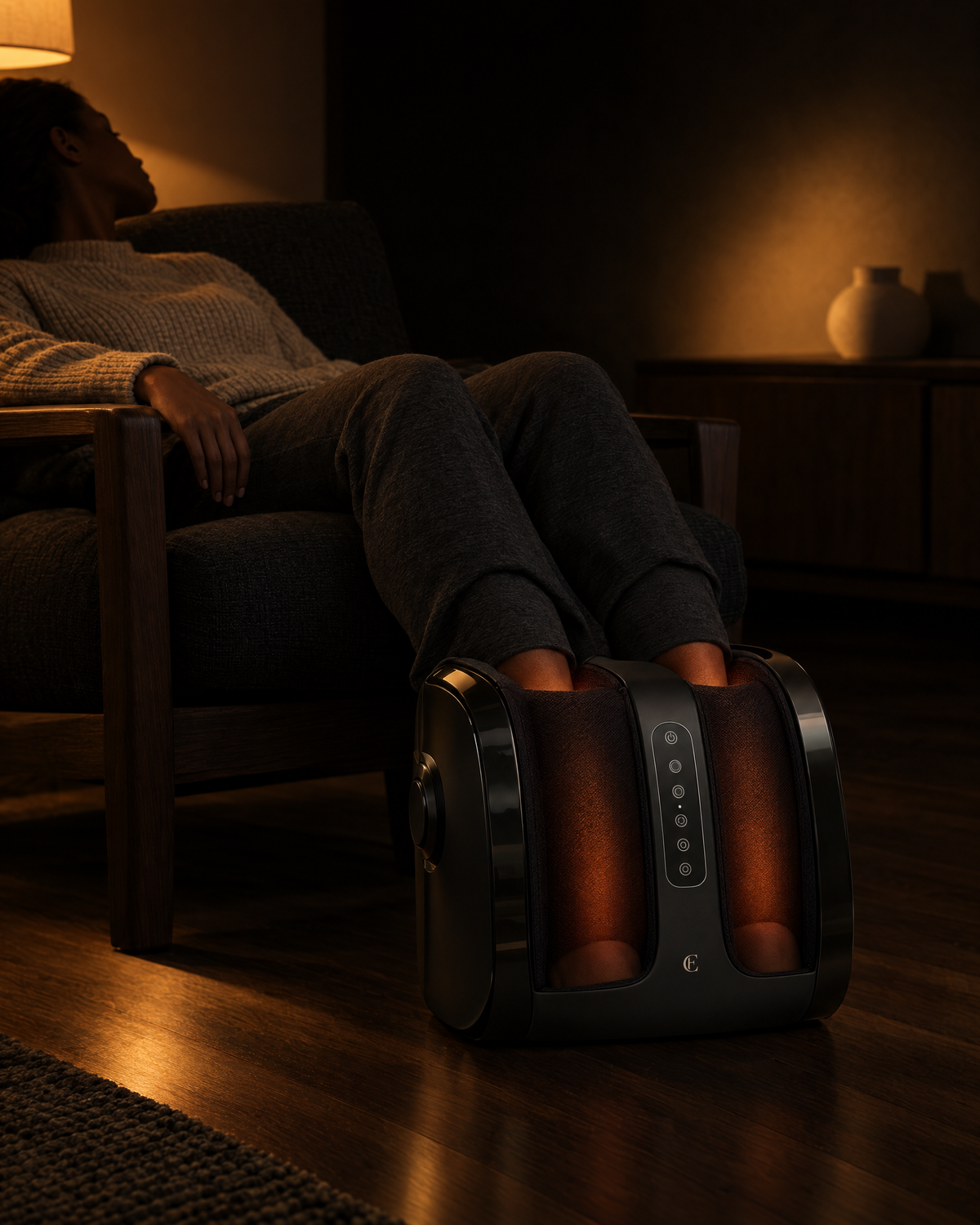 Deep Delta Calf & Foot Recovery in use, person seated in an armchair with both feet in the unit