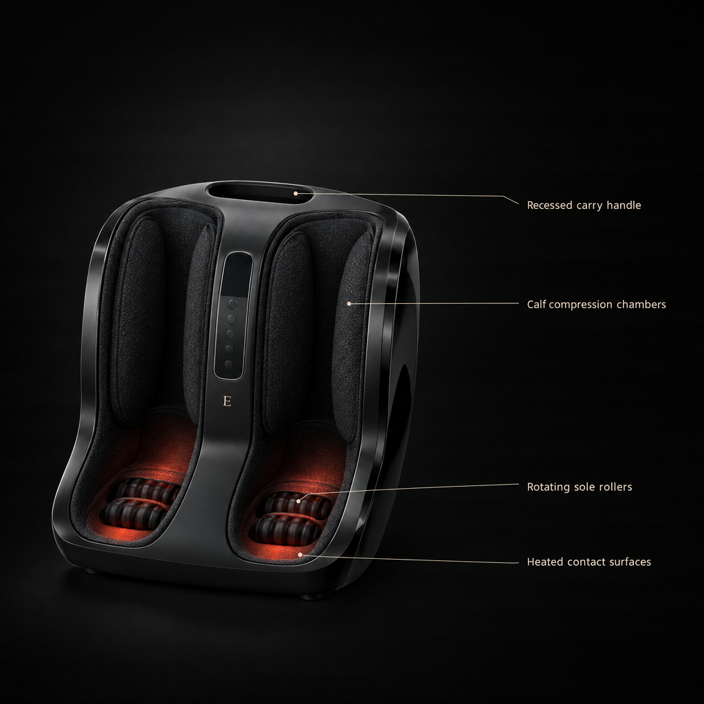 Deep Delta Calf & Foot Recovery feature view — calf compression chambers, rotating sole rollers, recessed carry handle, heated contact surfaces