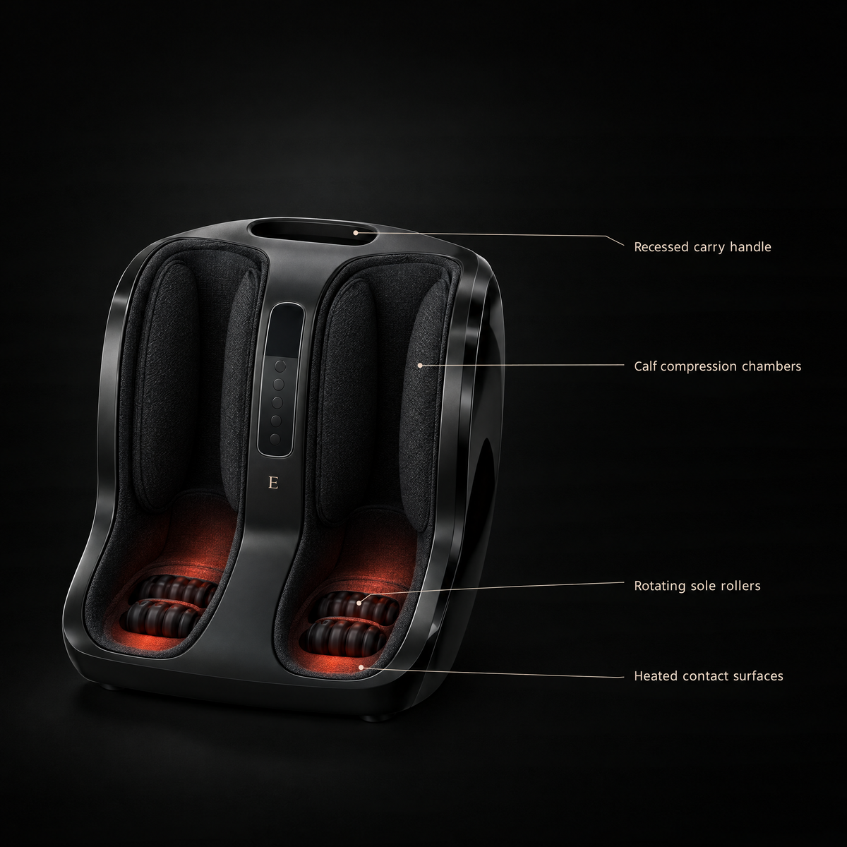 Deep Delta Calf & Foot Recovery feature view — calf compression chambers, rotating sole rollers, recessed carry handle, heated contact surfaces