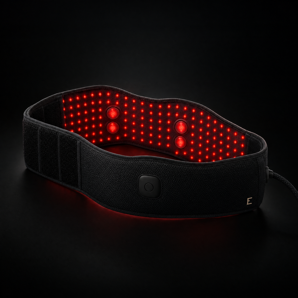 Elvaren Neural Wrap — wide recovery wrap belt with the red LED contact face lit