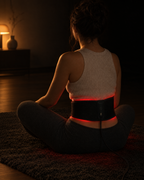 Neural Wrap worn around the lower back by a person sitting cross-legged in a dark room