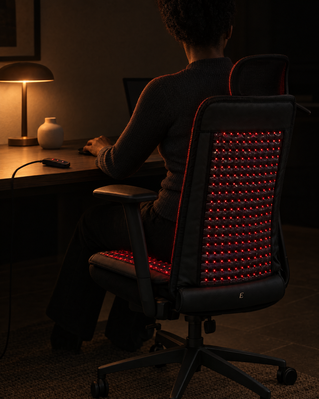 Neural Chair Mat in use, person working at a desk in a chair fitted with the mat