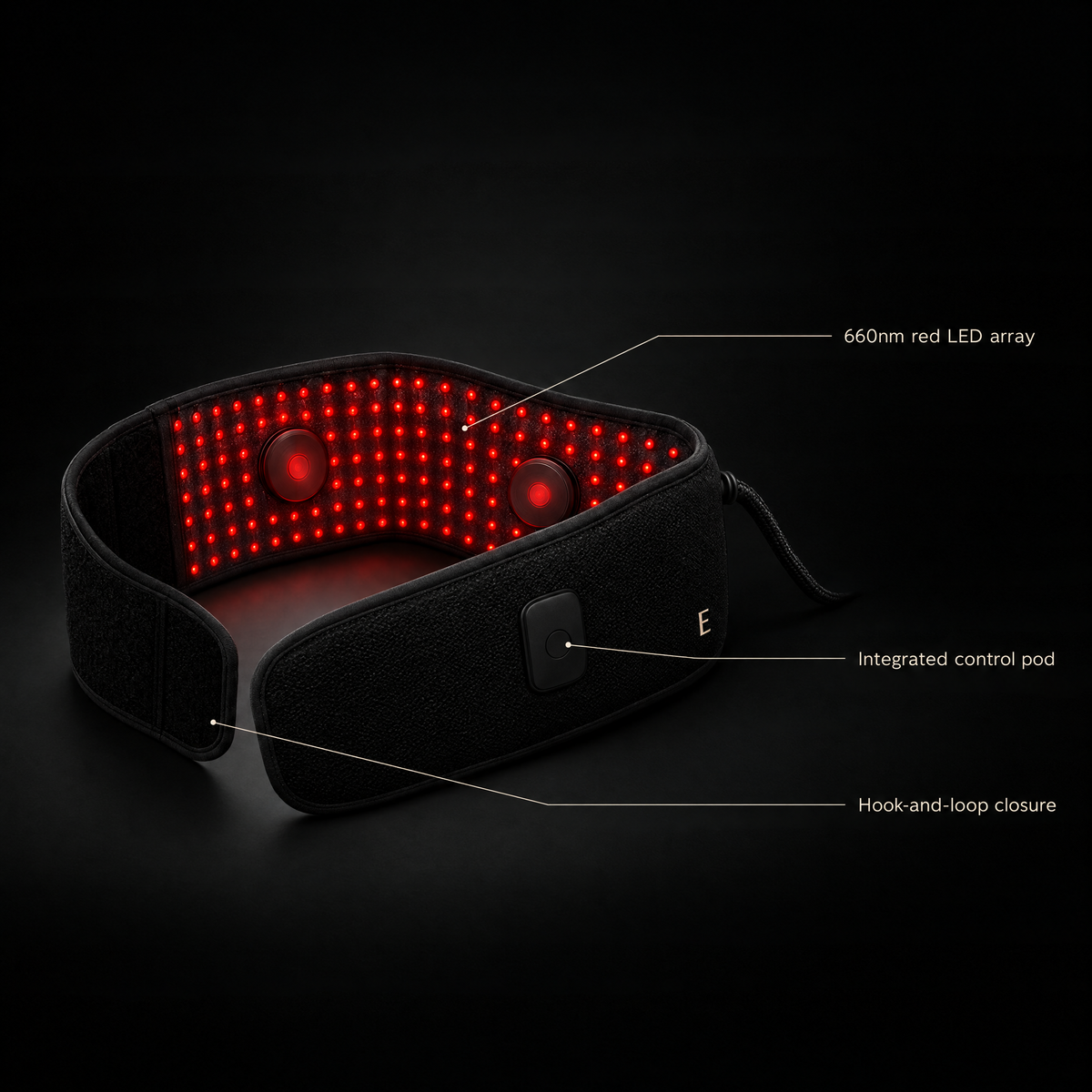 Neural Wrap feature view — 660nm red LED array, integrated control pod, infrared heat layer, hook-and-loop closure
