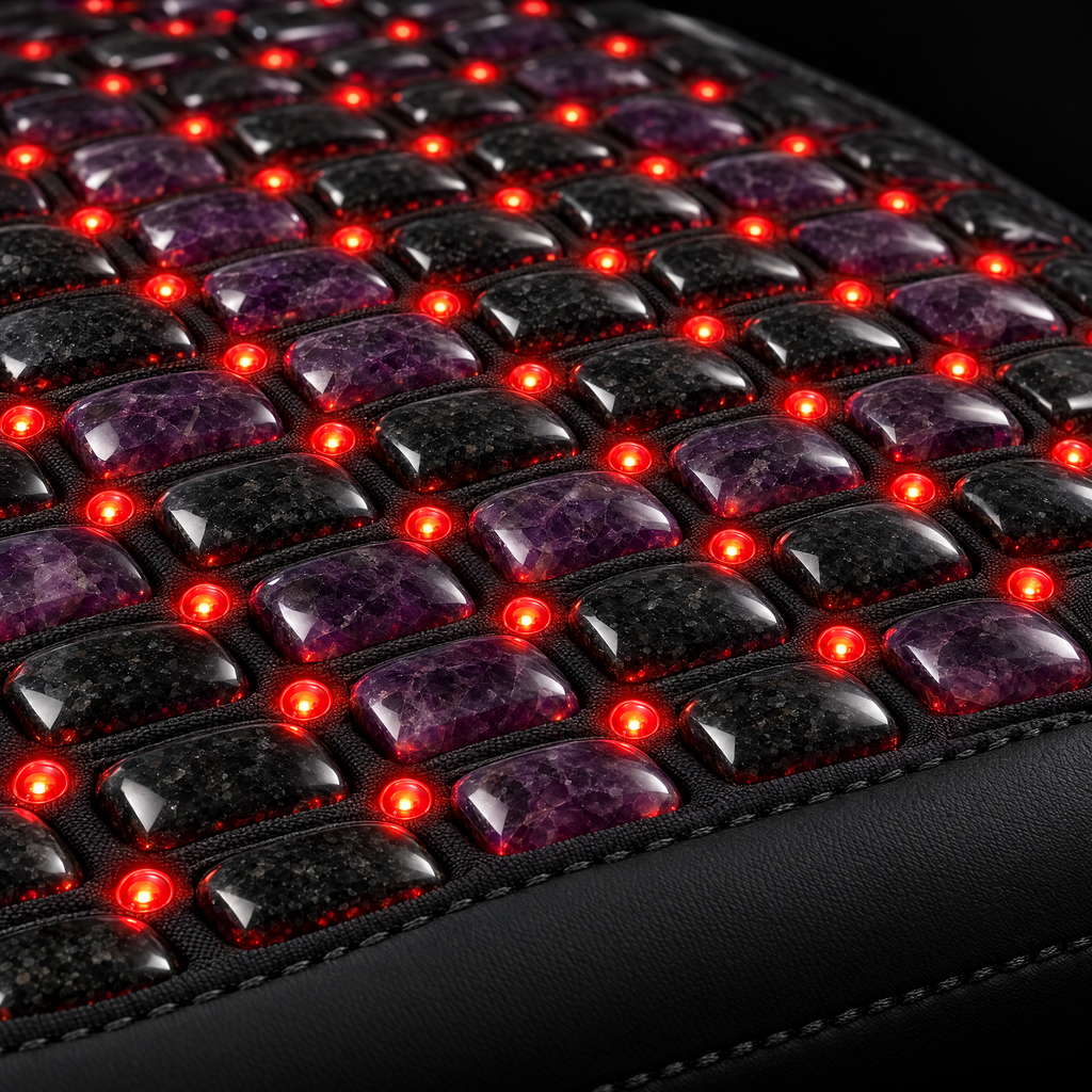 Neural Chair Mat surface detail — amethyst and tourmaline tiles with flush-set LED emitters