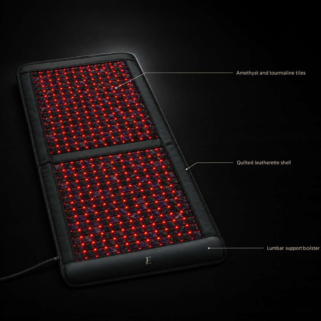 Neural Chair Mat feature view — amethyst and tourmaline tiles, flush-set red LED emitters, quilted leatherette shell, lumbar support bolster