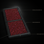 Neural Chair Mat feature view — amethyst and tourmaline tiles, flush-set red LED emitters, quilted leatherette shell, lumbar support bolster